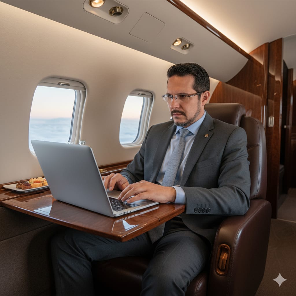 Fundador trabalhando em viagem de negócios