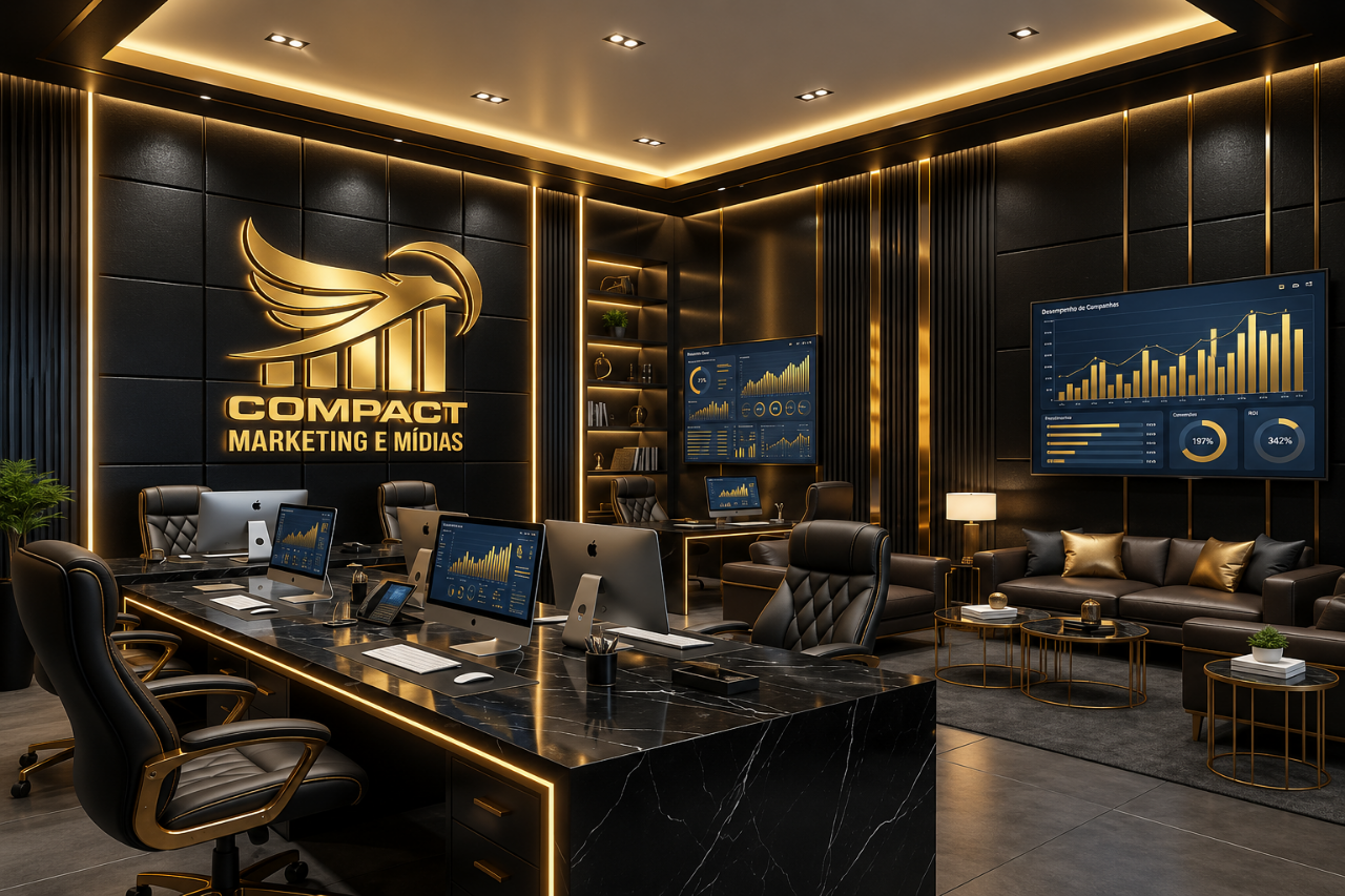 Escritório da Compact Mídias — espaço de trabalho com identidade dourada